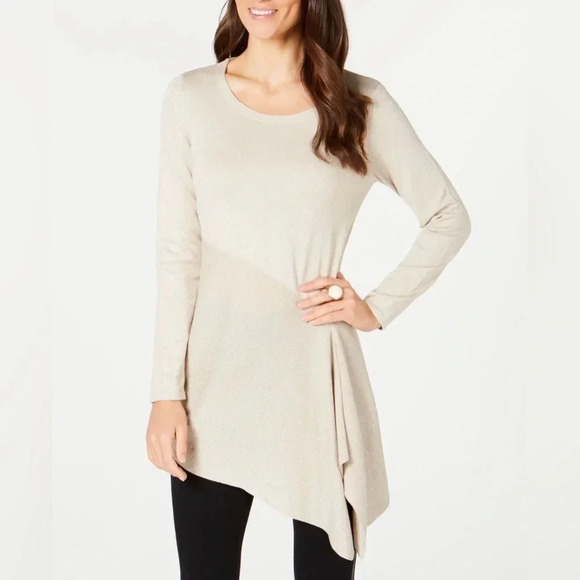 Alfani Asymmetrical Metallic Beige Womens Long Sleeve Shirt Size Extra Large - Picture 1 of 15